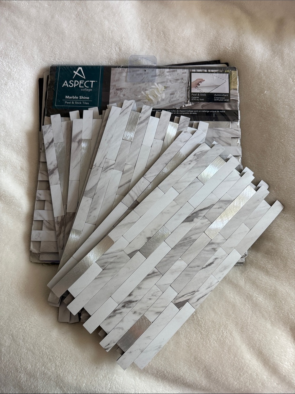 Collage Marble Shine Peel & Stick Backsplash Tiles - White/Gray -set of 5